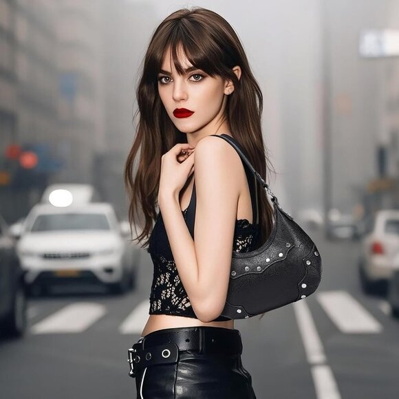 Women's Goth Y2K Mini Purse Small Shoulder Bag with Rivets and Zipper - Picture 2 of 7